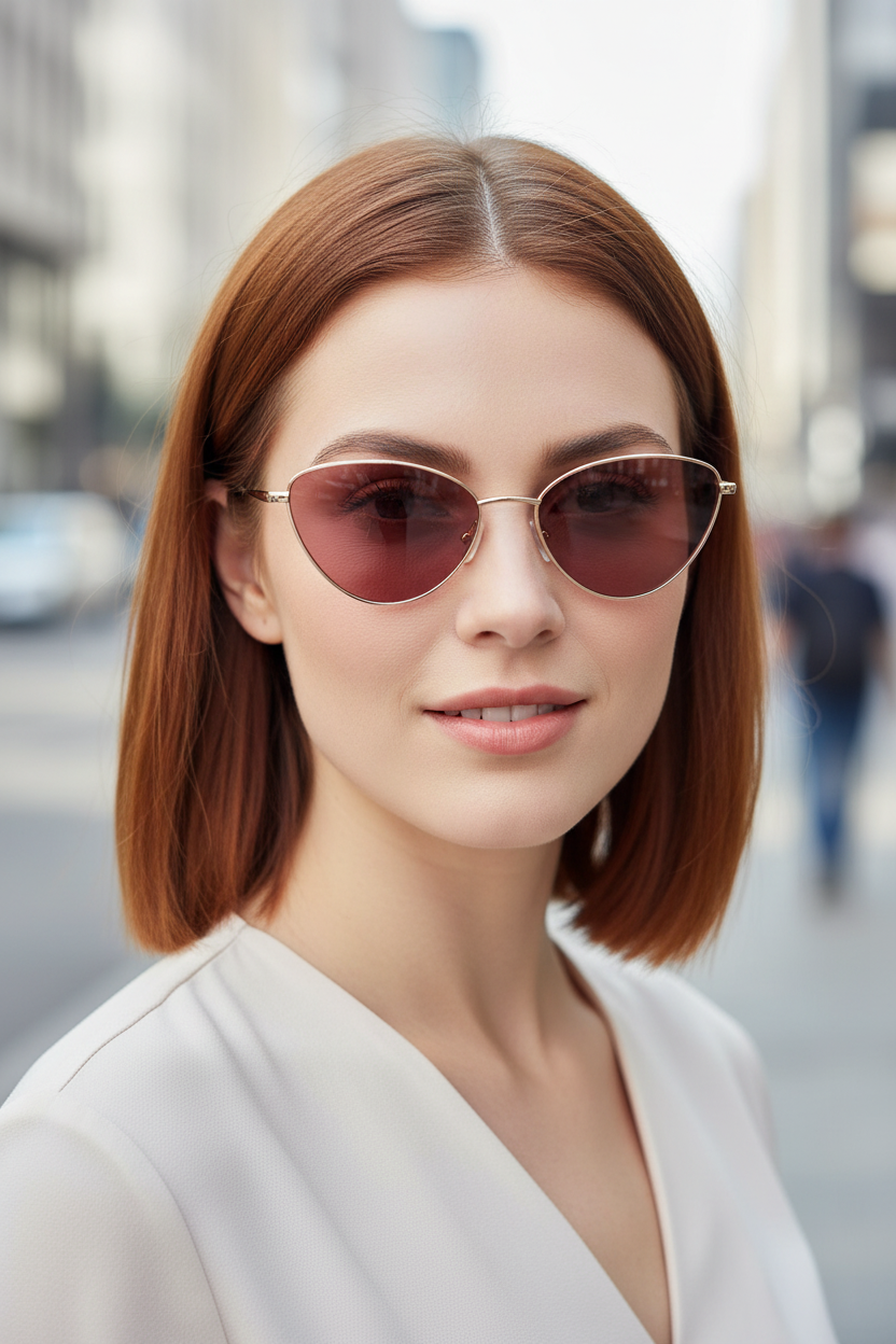 Small pink-lens cat-eye sunglasses worn by a white model