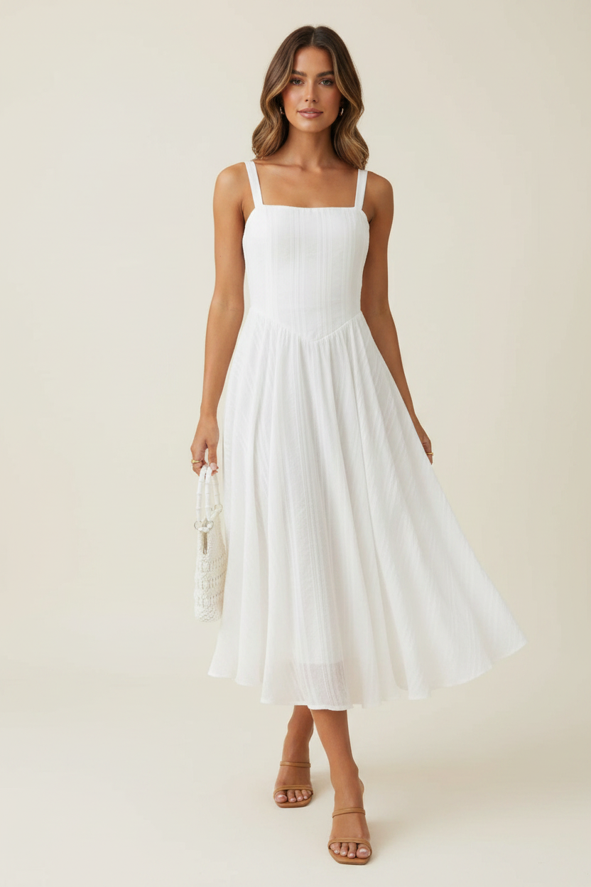 Model wearing a white square-neck midi cami dress with slim straps and a flowing skirt