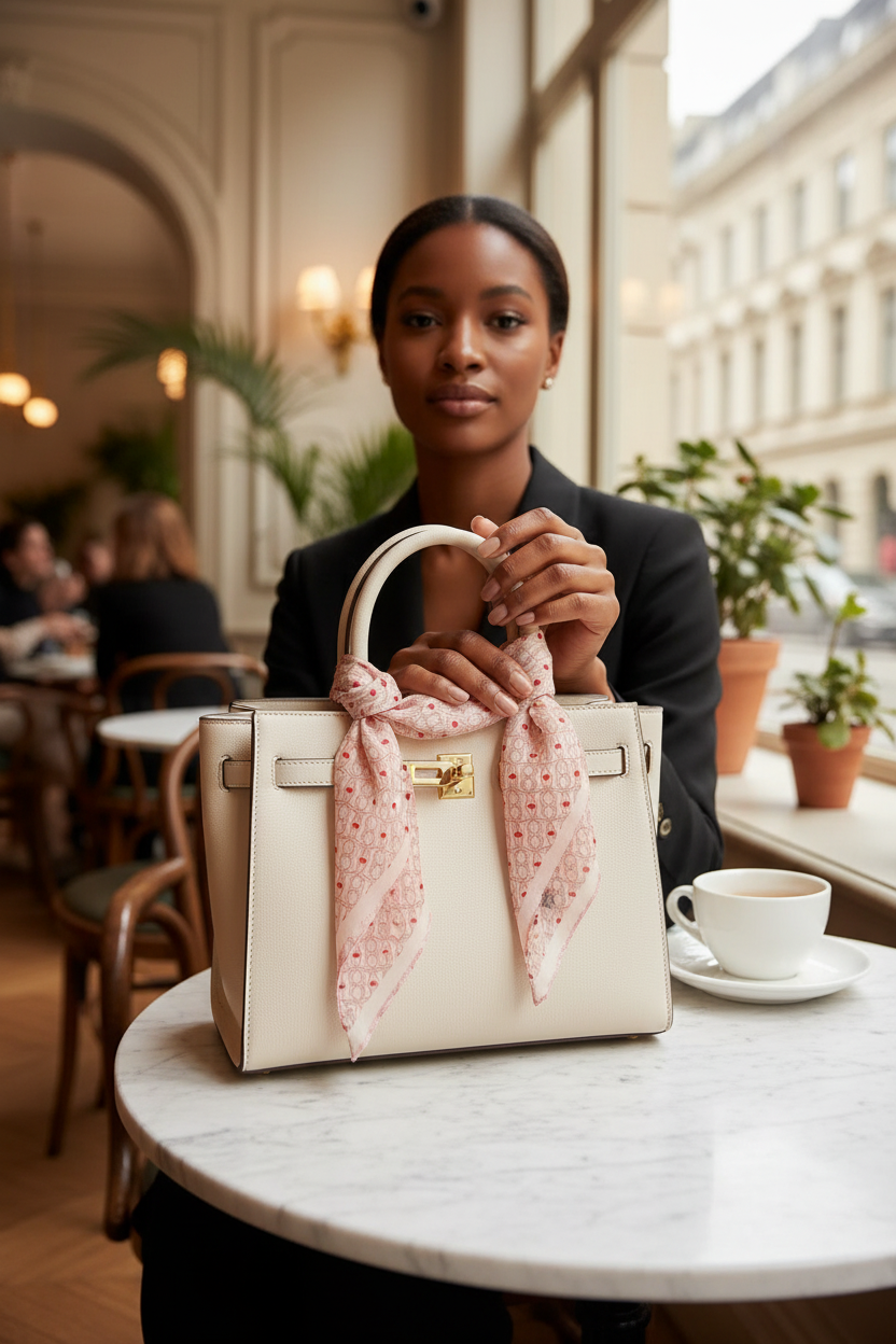 Pink floral chiffon silk-feel scarf tied to a handbag