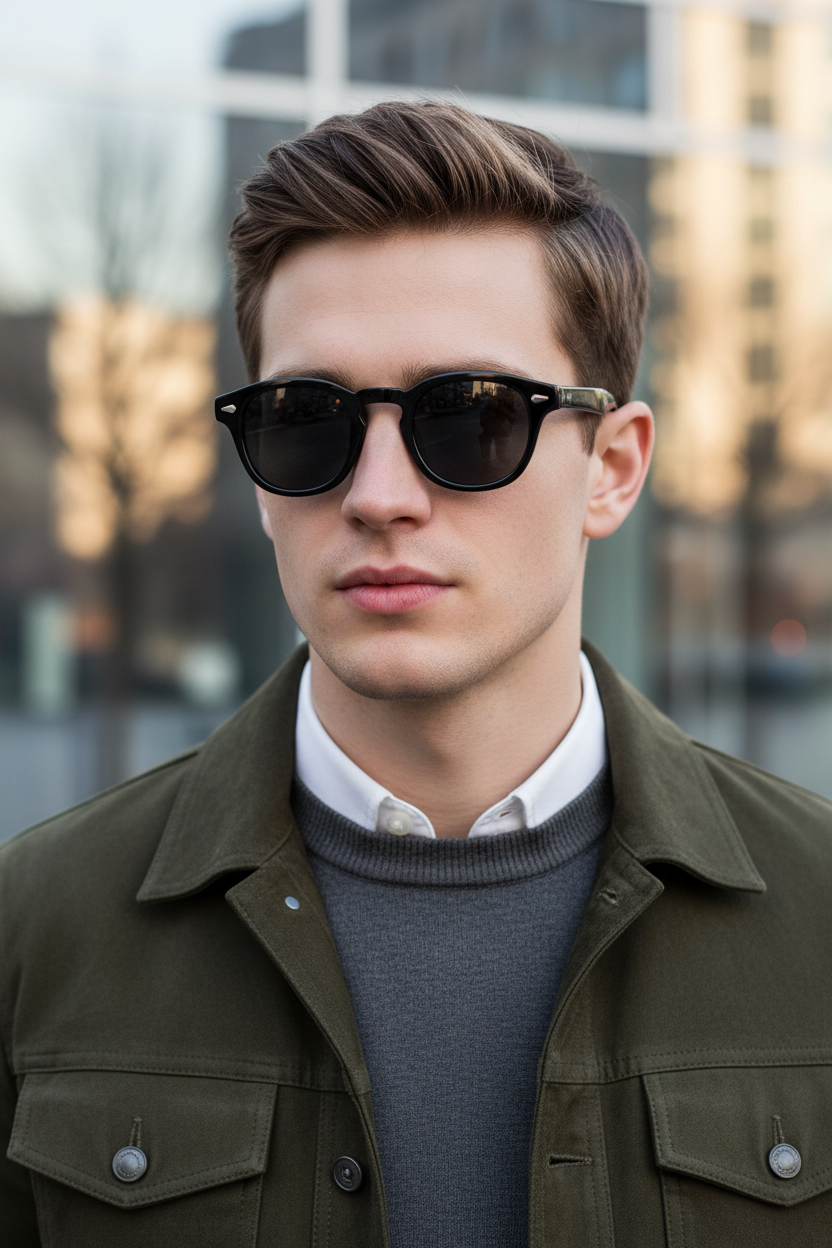 Round UV400 sunglasses with black lenses worn by a white male model