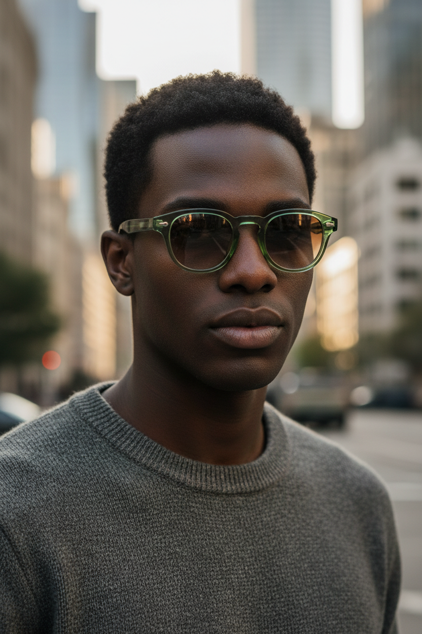 Round UV400 sunglasses with green brown lenses worn by a model in a lifestyle image