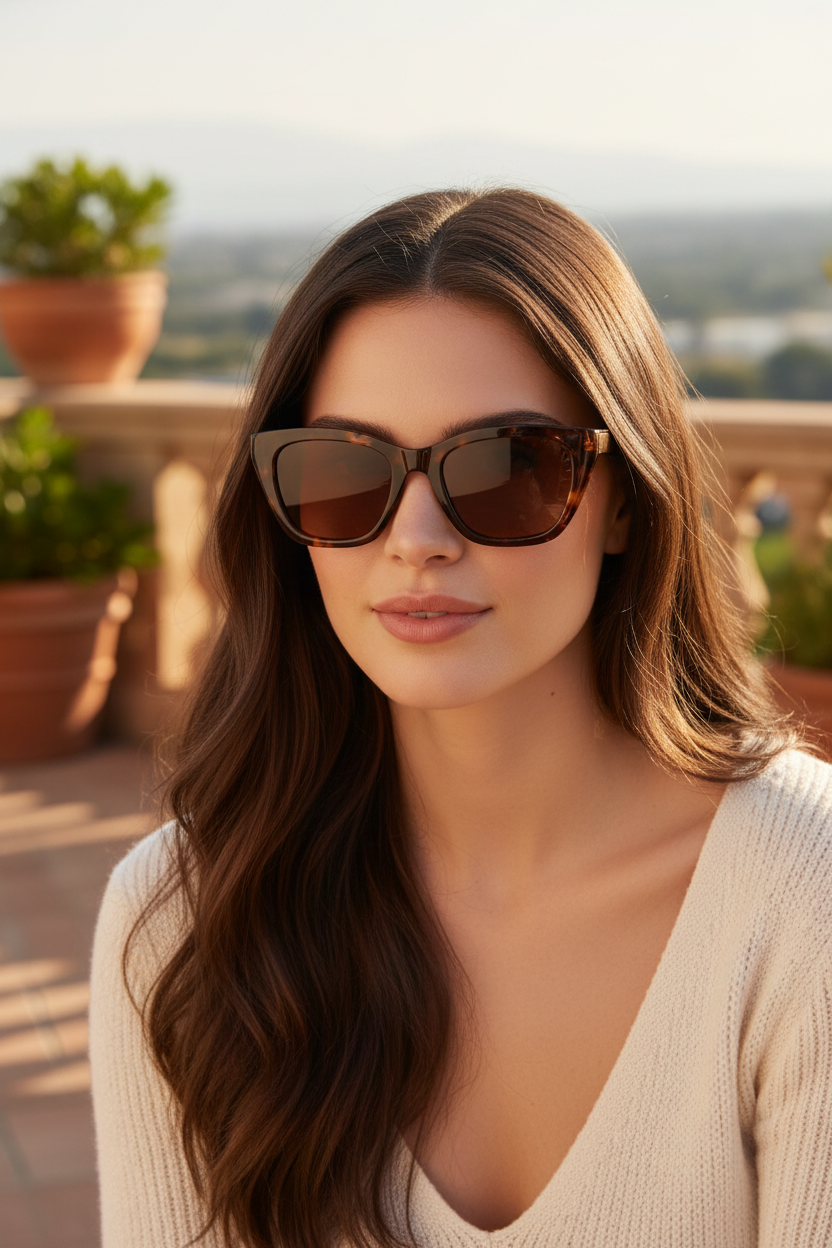 Cat-eye polarized sunglasses with 002 brown lenses worn by a white model