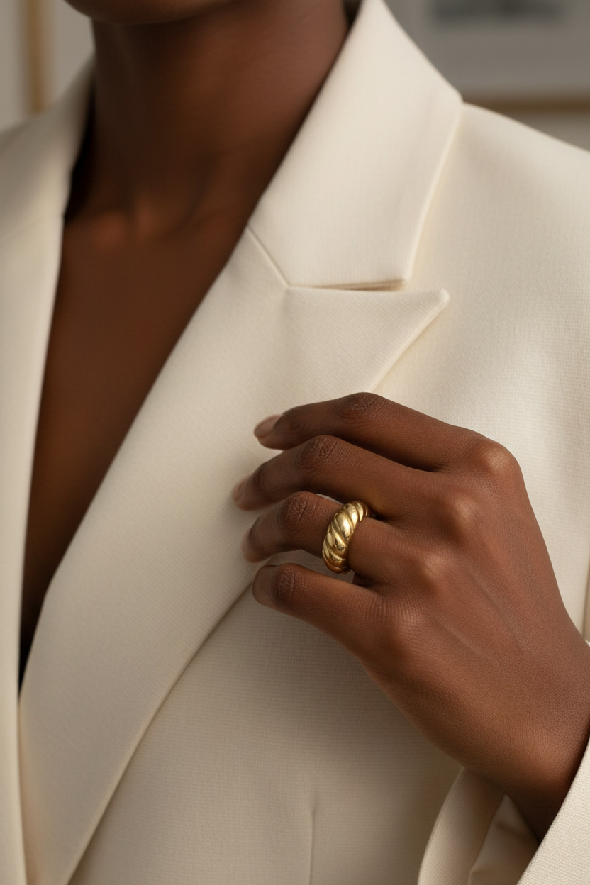 18K gold PVD croissant twisted dome ring worn with a cream blazer in a lifestyle image