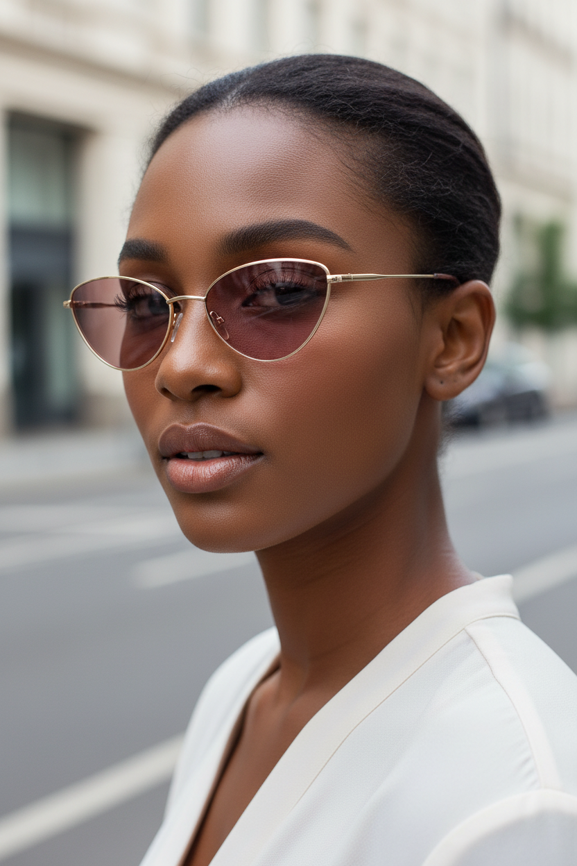 Small pink-lens cat-eye sunglasses worn by a model