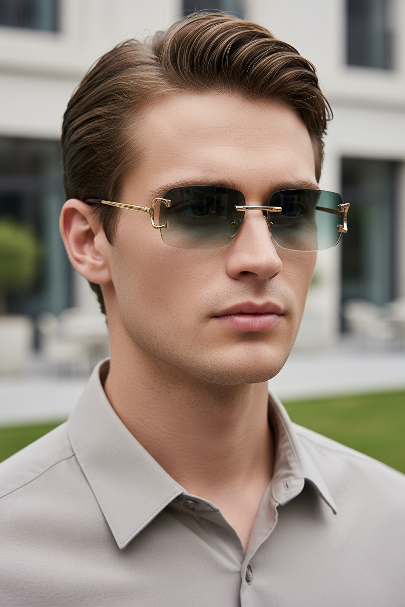 Rimless rectangular UV400 sunglasses with green gradient lenses and copper frame worn by a model