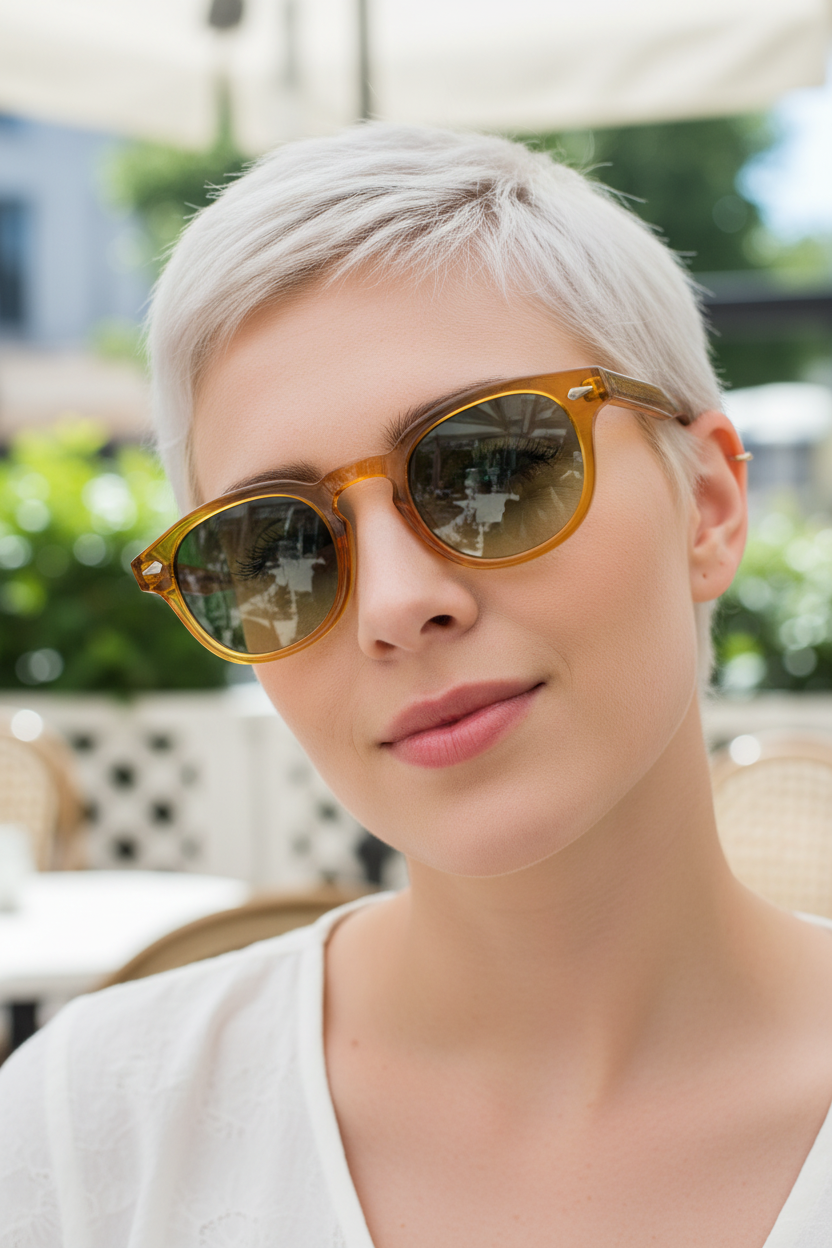 Yellow Green retro round UV400 sunglasses worn by a white model