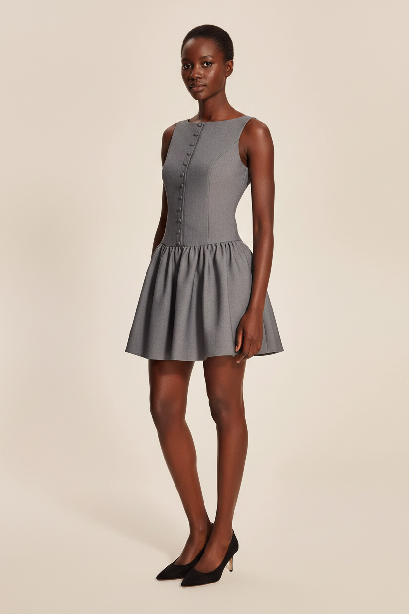 Model wearing a gray sleeveless button-front mini dress with a gathered flared skirt