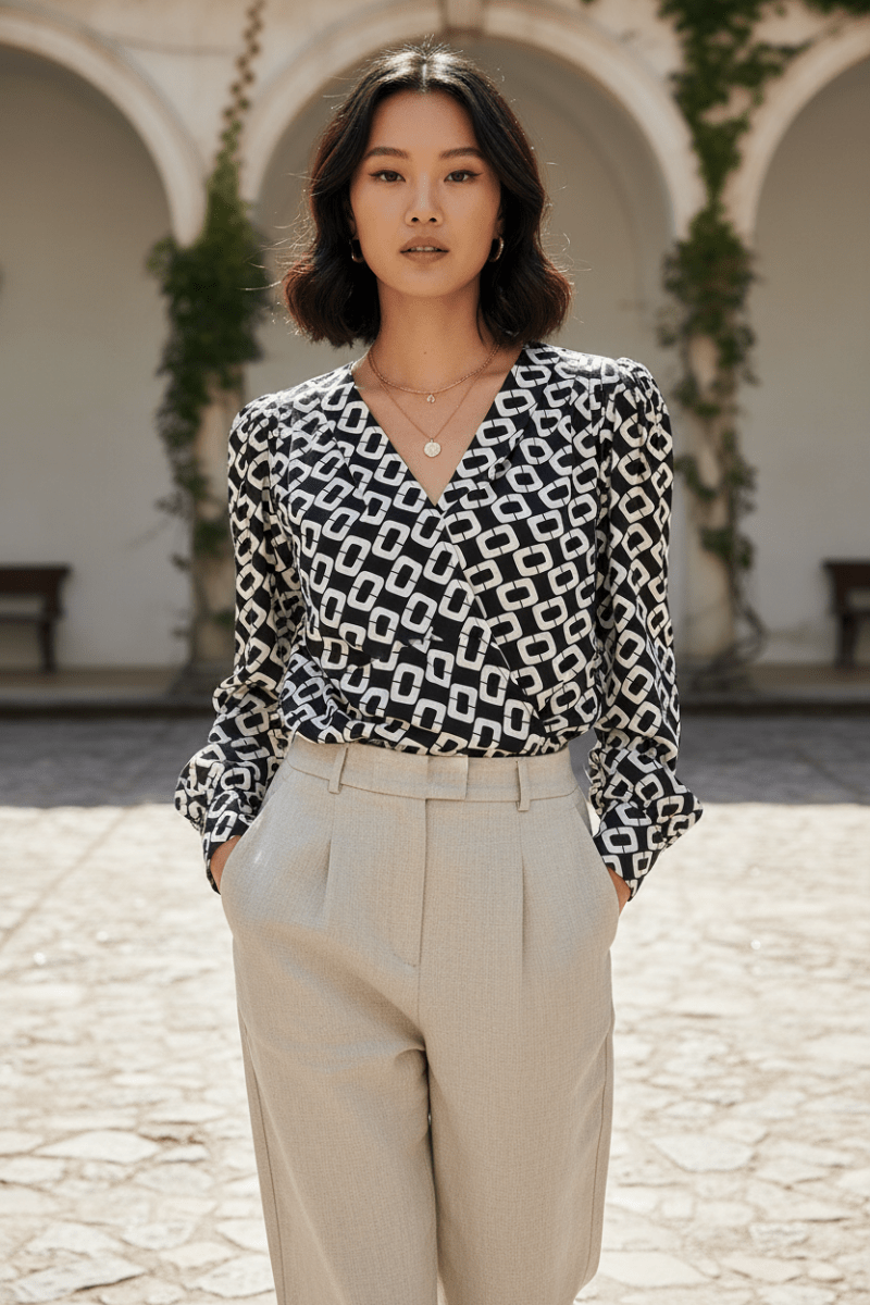 Geometric V-Neck Long-Sleeve Blouse - The PM Edit