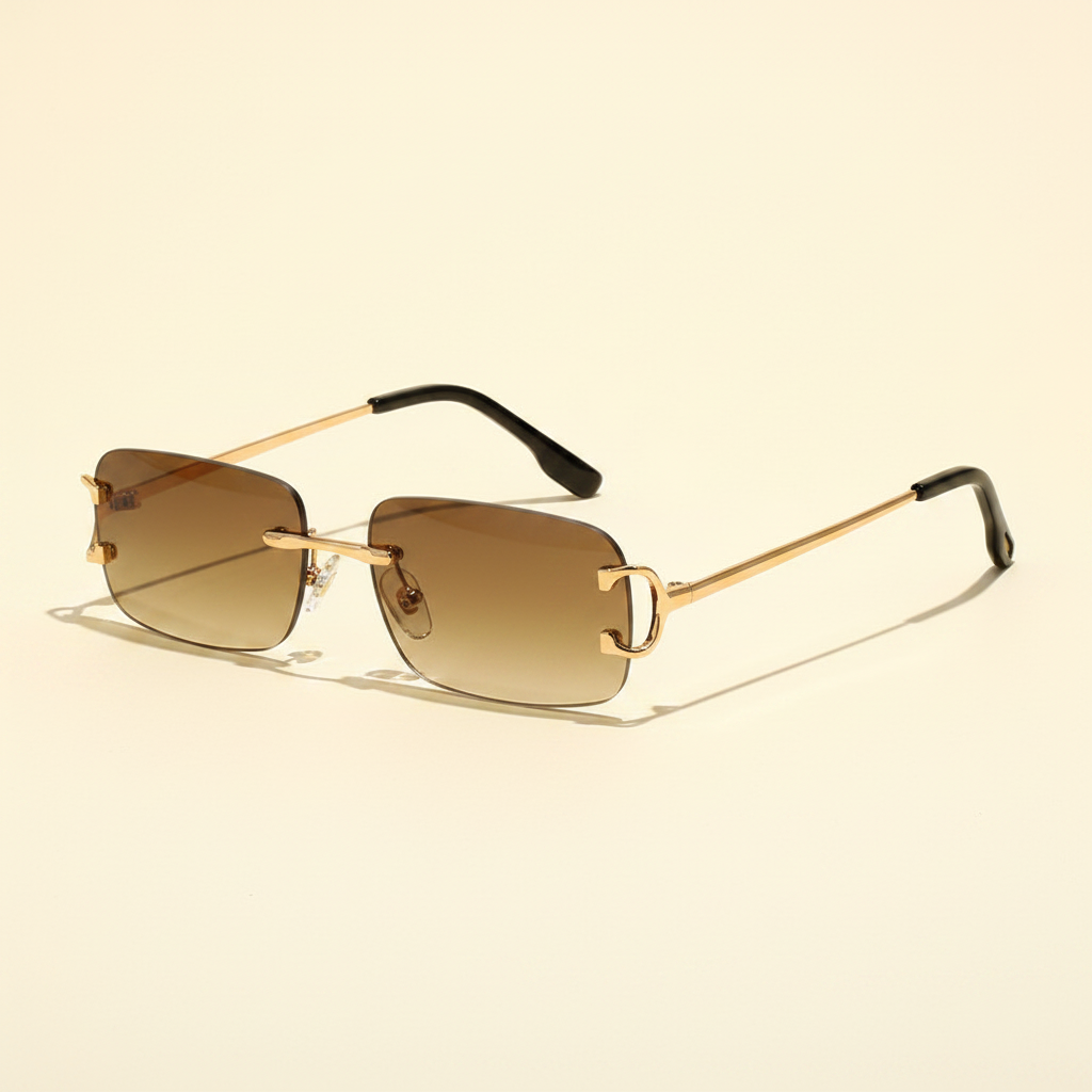 Rimless rectangular UV400 sunglasses with brown gradient lenses and copper frame, product-only studio image