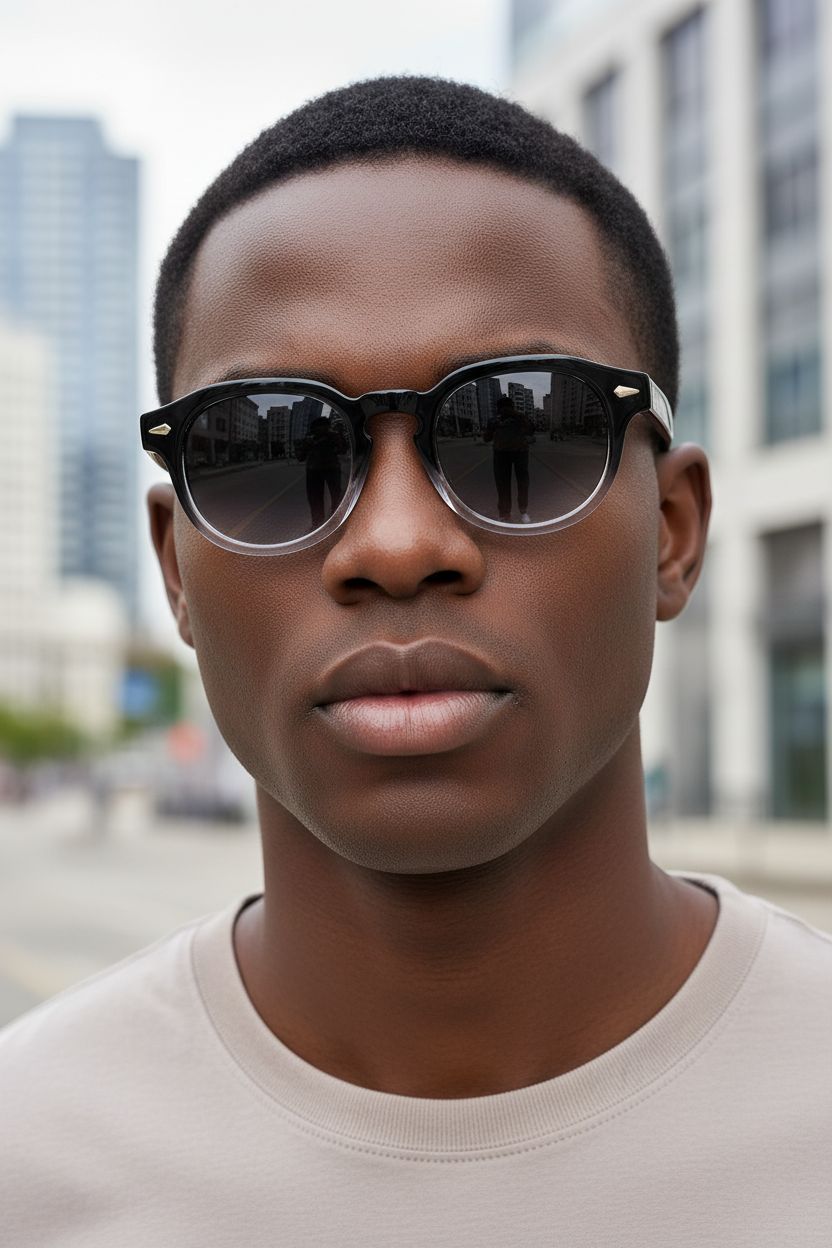 Grey retro round UV400 sunglasses worn by a male model