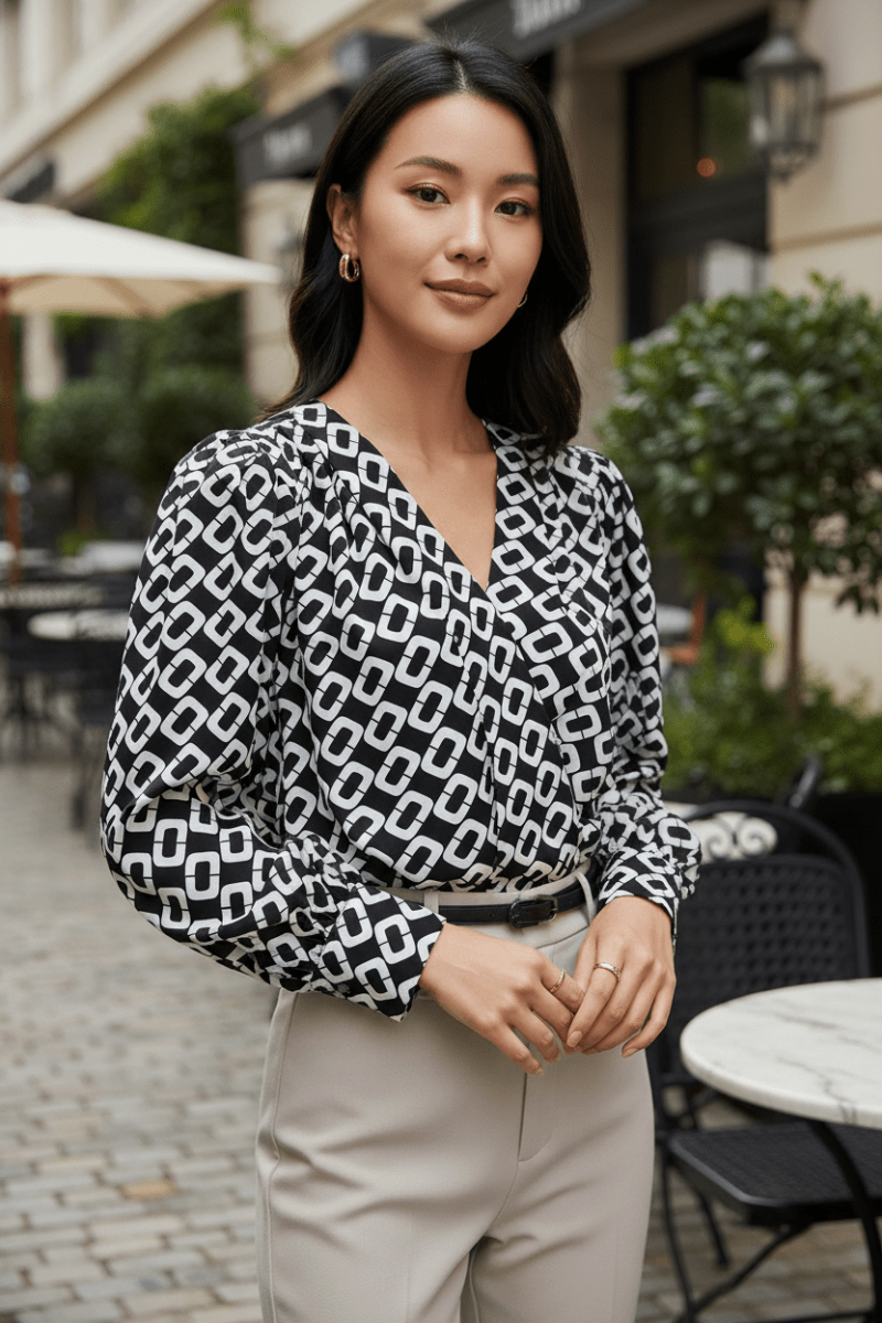 Geometric V-Neck Long-Sleeve Blouse - The PM Edit