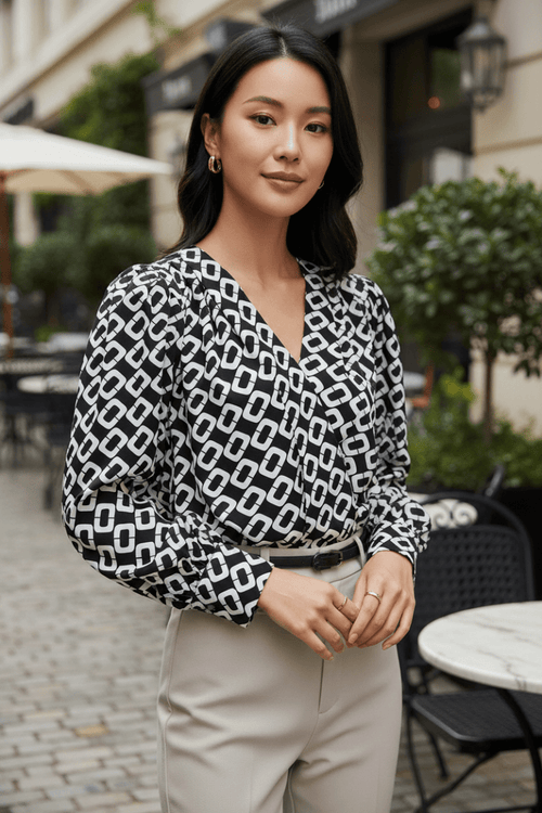 Geometric V-Neck Long-Sleeve Blouse - The PM Edit