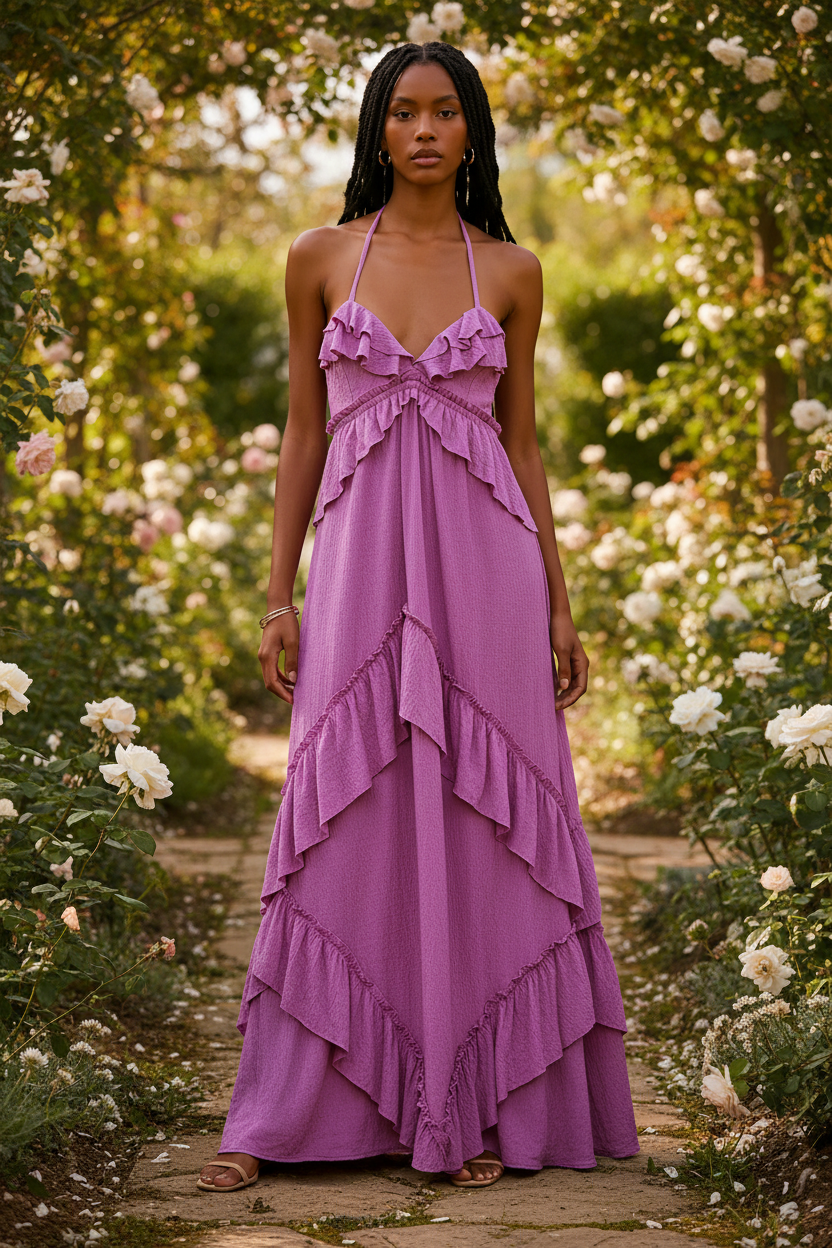 Heliotrope Purple ruffled halter-neck maxi dress worn by a model