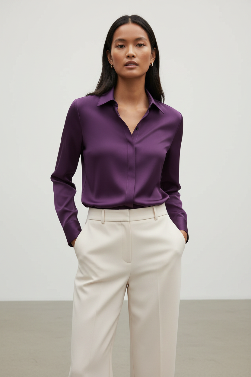 Purple long-sleeve collared button-down shirt styled with light neutral trousers