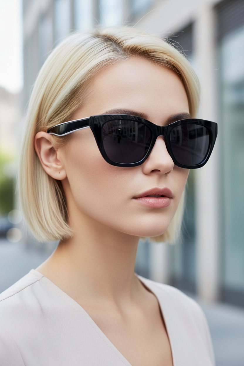Square polarized sunglasses with 001 grey lenses worn by a white model