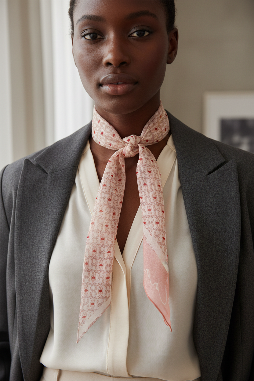 Pink chiffon scarf styled in a compact neck knot