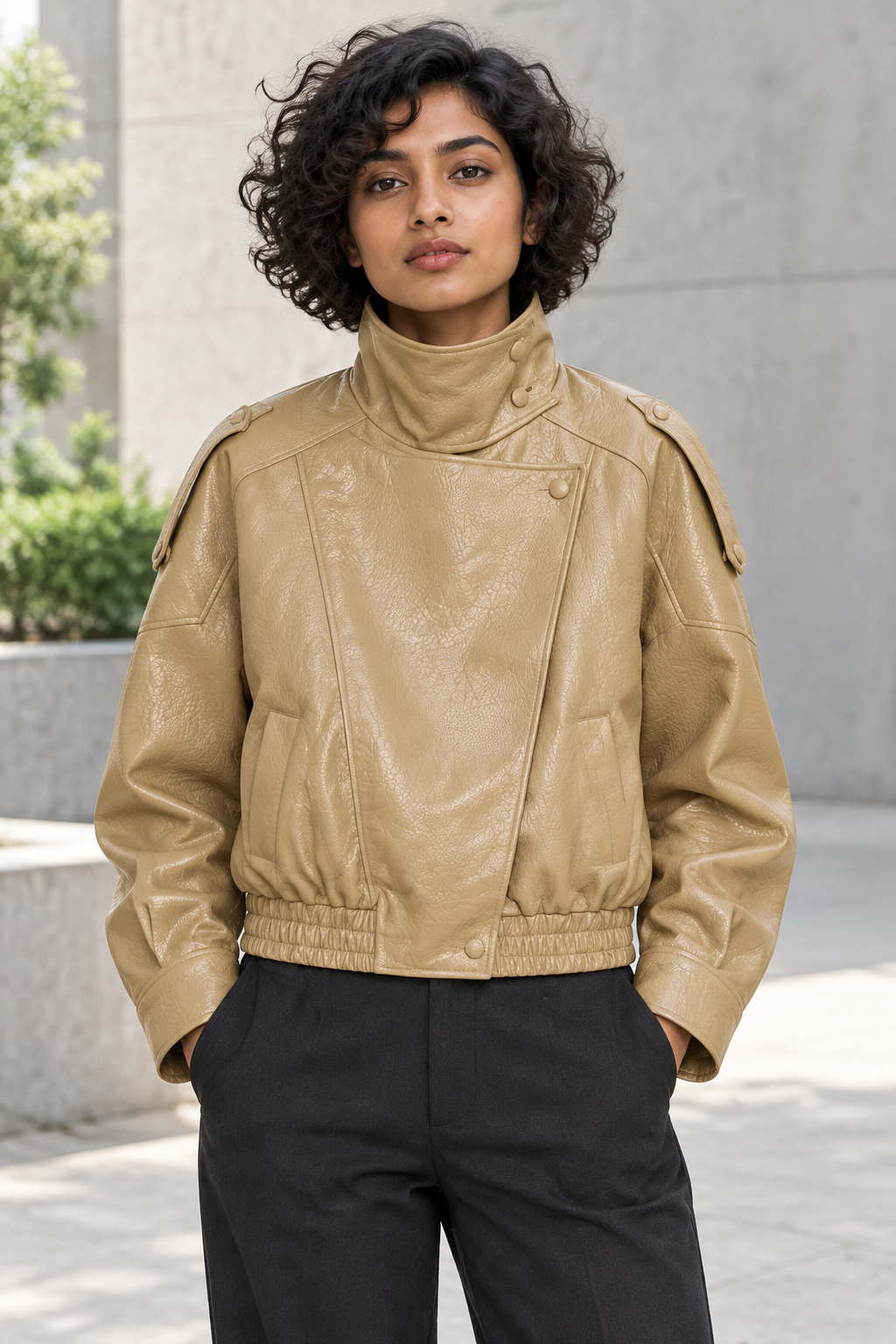  A professional model wearing a tailored wardrobe separate layout styling the matte black pebble leather jacket open to showcase a clean day-to-night lifestyle transition.
 Khaki jacket, closed, half-body