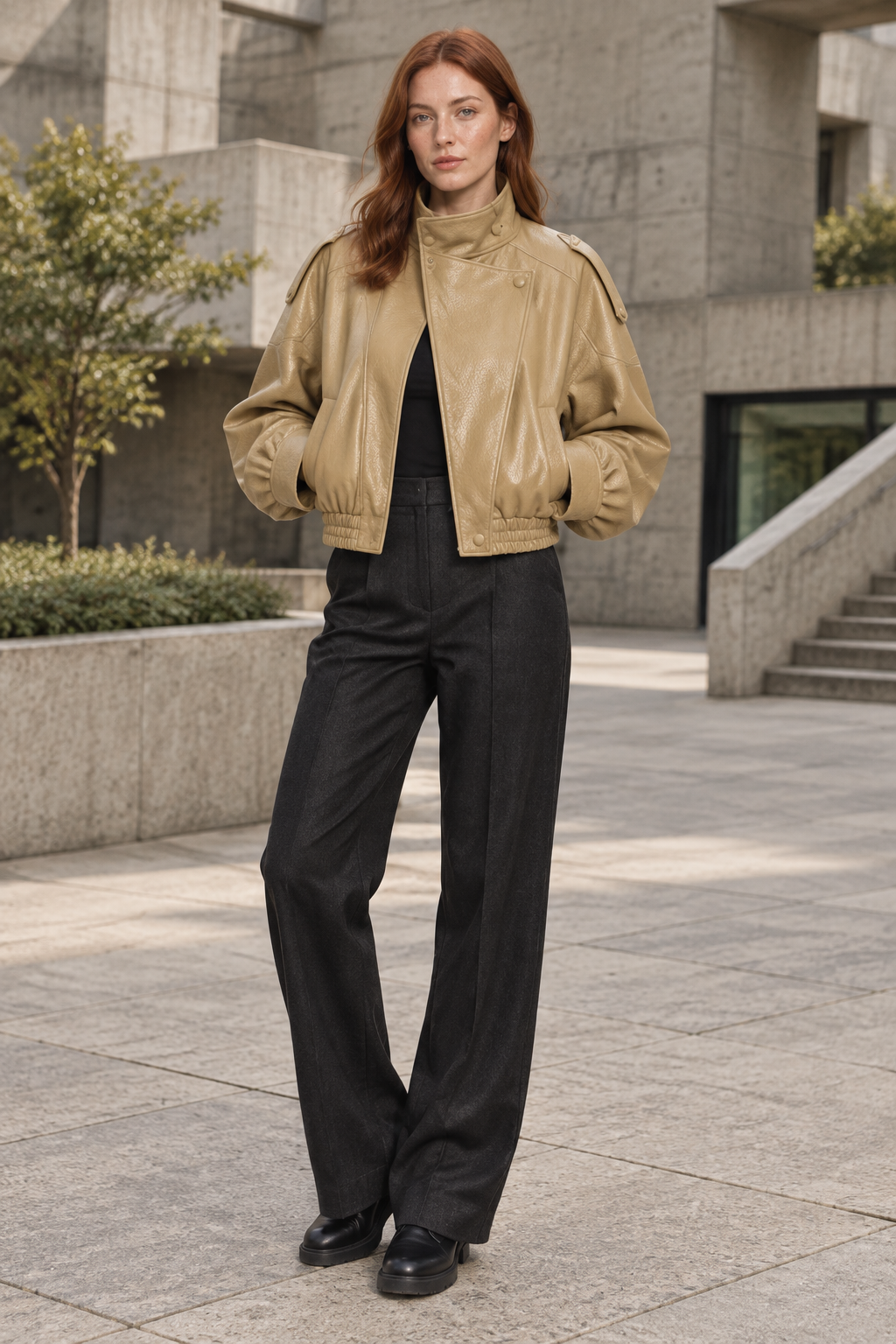 •  A professional model wearing a tailored wardrobe separate layout styling the matte black pebble leather jacket open to showcase a clean day-to-night lifestyle transition.
 Khaki jacket lifestyle image