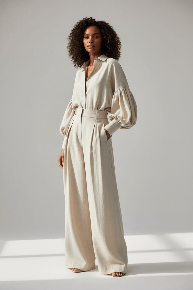 Lantern Sleeve Shirt & Wide-Leg Pants Set - The PM Edit