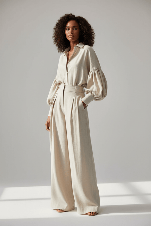 Lantern Sleeve Shirt & Wide-Leg Pants Set - The PM Edit