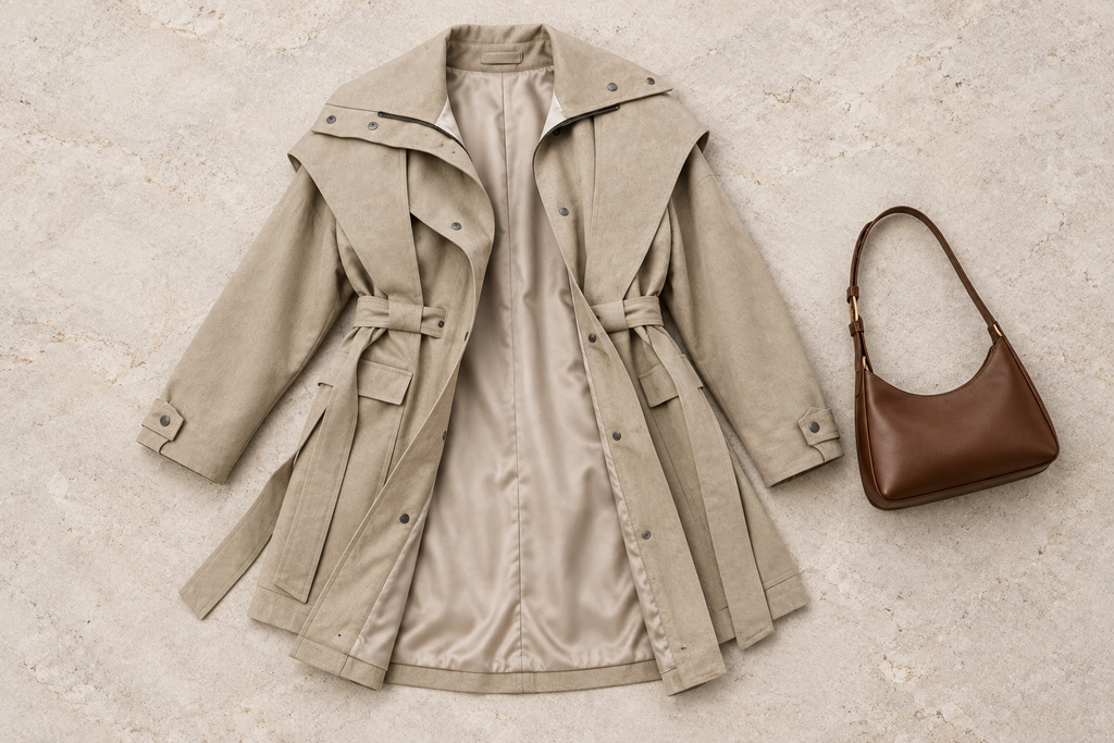 Khaki trench coat flat-lay with lining