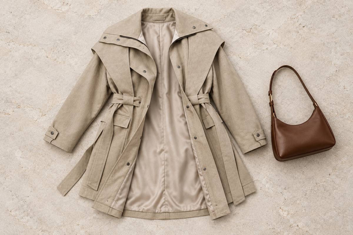 Khaki trench coat flat-lay with lining