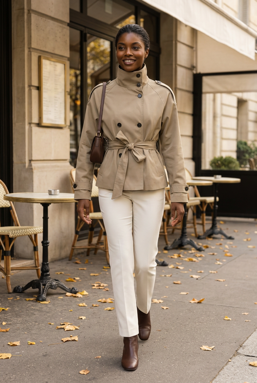 Khaki trench jacket — café full-body lifestyle