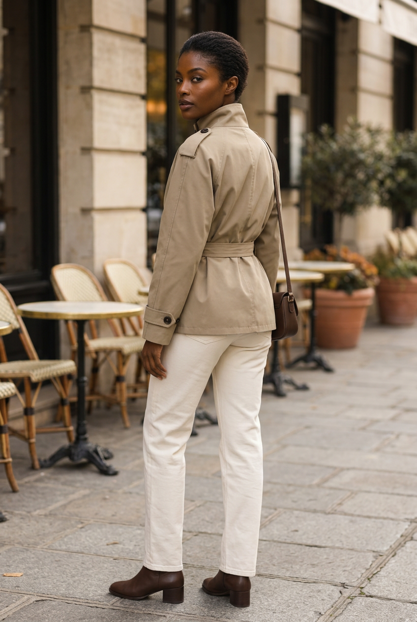 Khaki trench jacket — three-quarter rear lifestyle