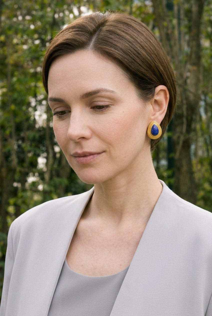 Lapis lazuli studs — lowered-gaze portrait