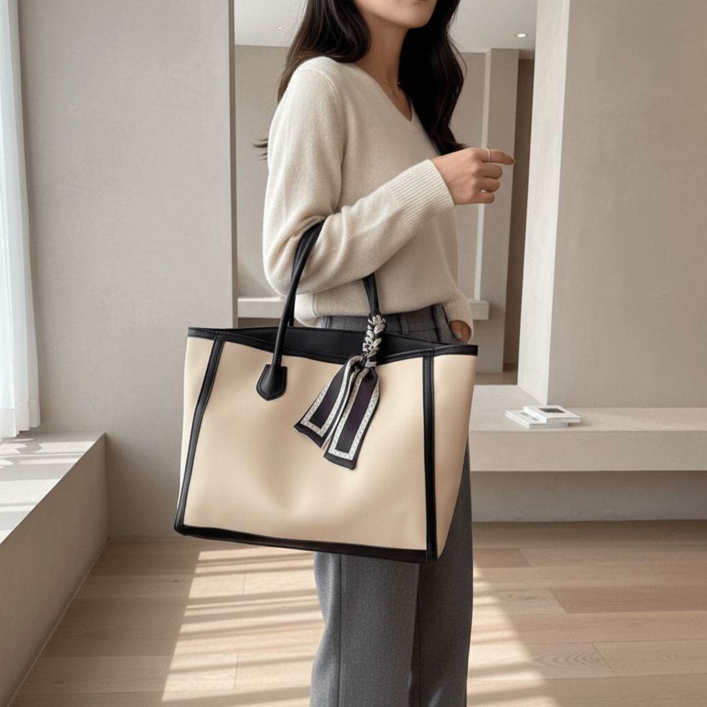 Contrast PU Leather Tote Bag | Tan One Size - The PM Edit
