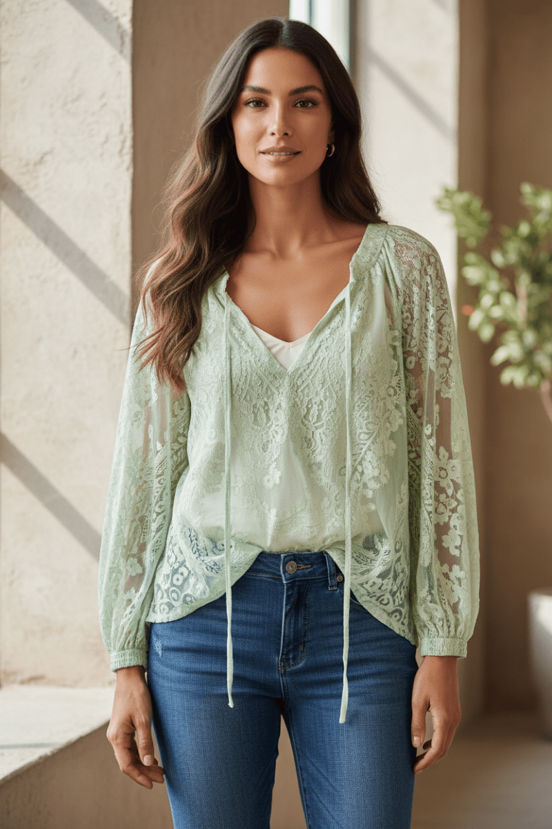 Sheer Lace Tie-Neck Blouse | 5 Colors | S–XXL - The PM Edit