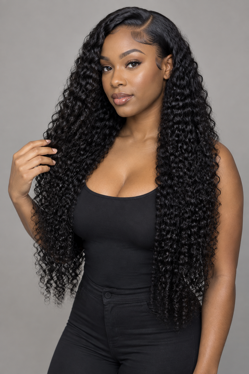 Long Burmese curly wig, full hair front view