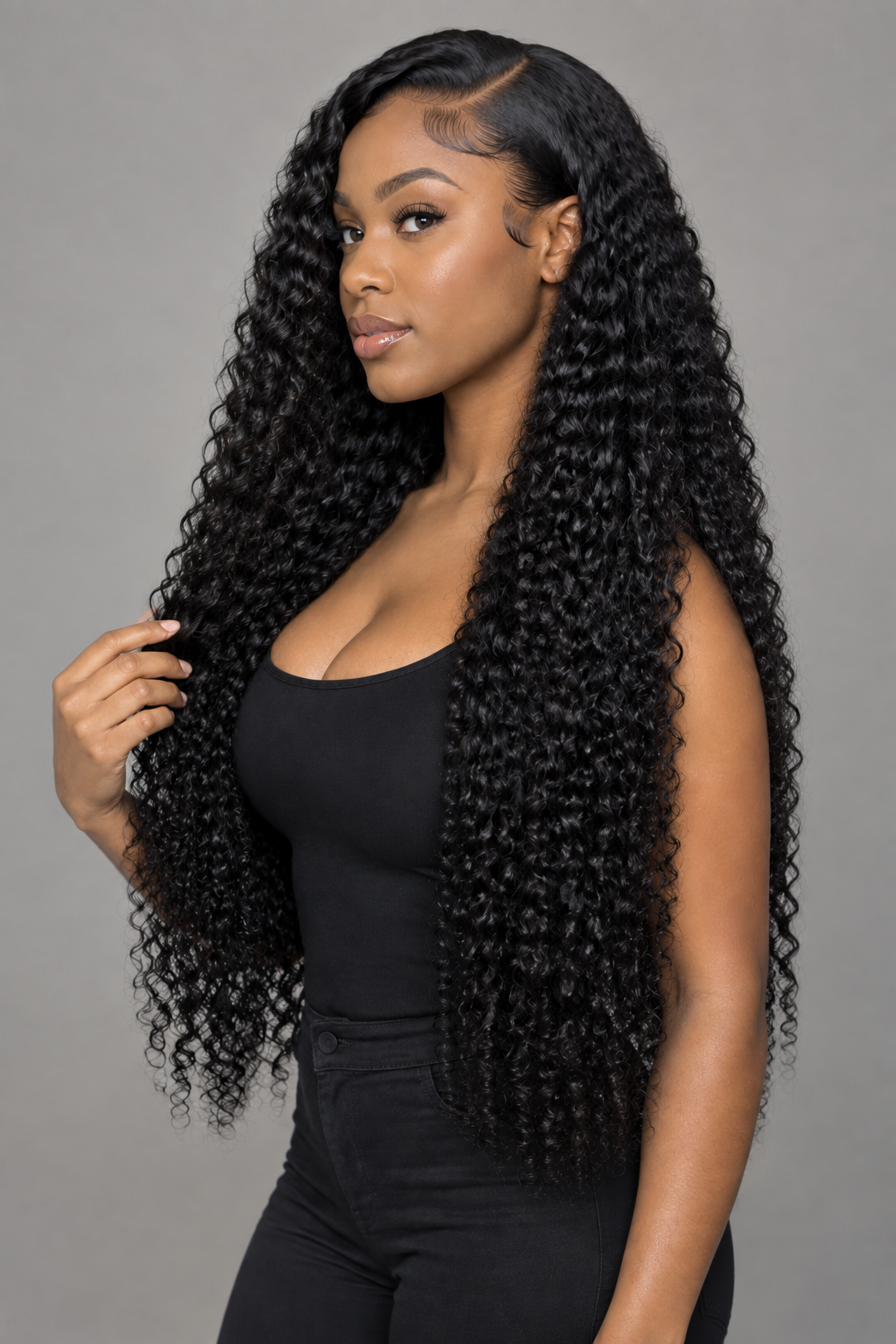 Long Burmese curly wig, full hair side view