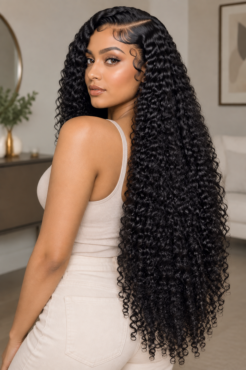 A woman with very long, glossy, deep black curly hair (keratin or wig texture) wearing a white tank top, photographed from a side-back angle in a modern, softly-lit room.