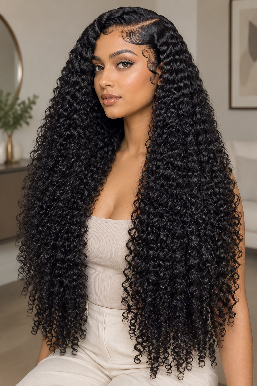 A woman with very long, glossy, deep black curly hair (keratin or wig texture) wearing a beige top and white pants, posing in a brightly lit indoor setting.