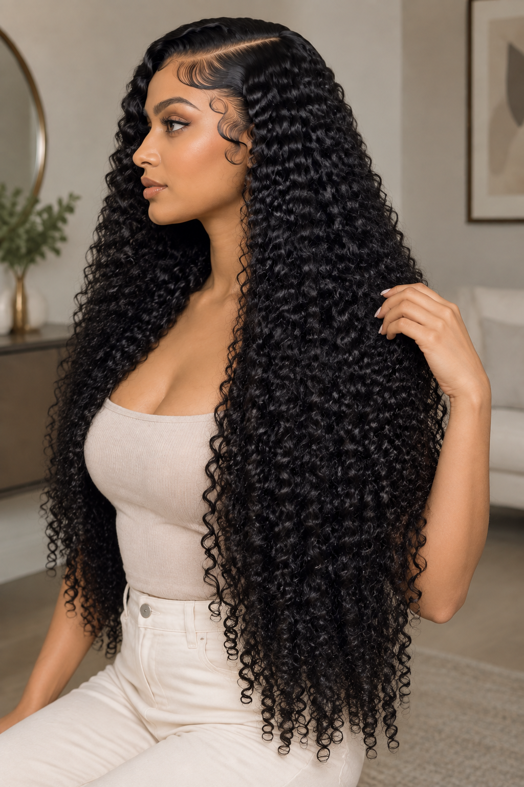 A woman wearing a long, voluminous black curly wig with deep wave curls, styled with a side part and soft lace-like edges. She is seated indoors against a softly blurred neutral background.