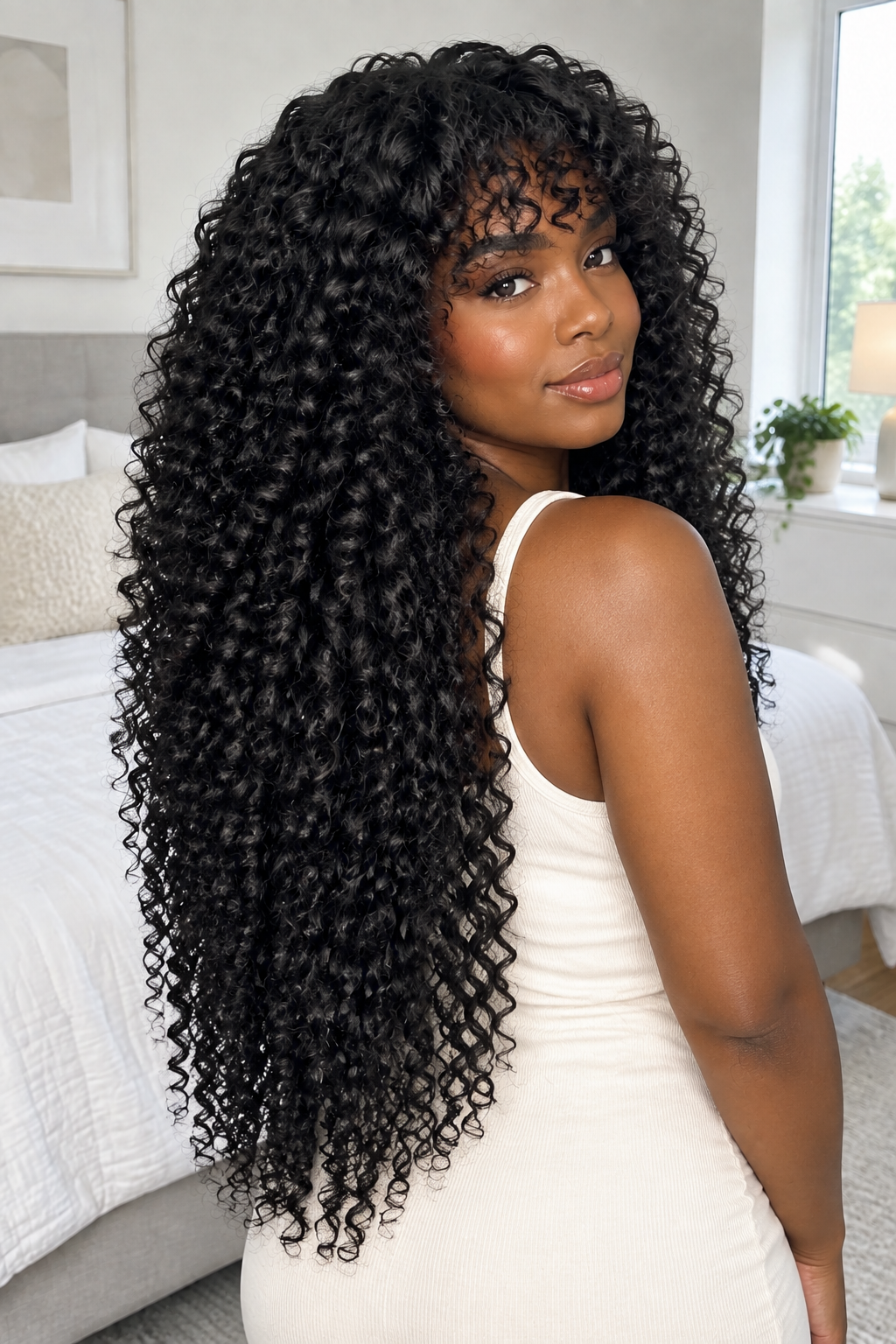 A woman with very long, voluminous black curly hair is shown from the back in a bedroom setting, wearing a white sleeveless top.