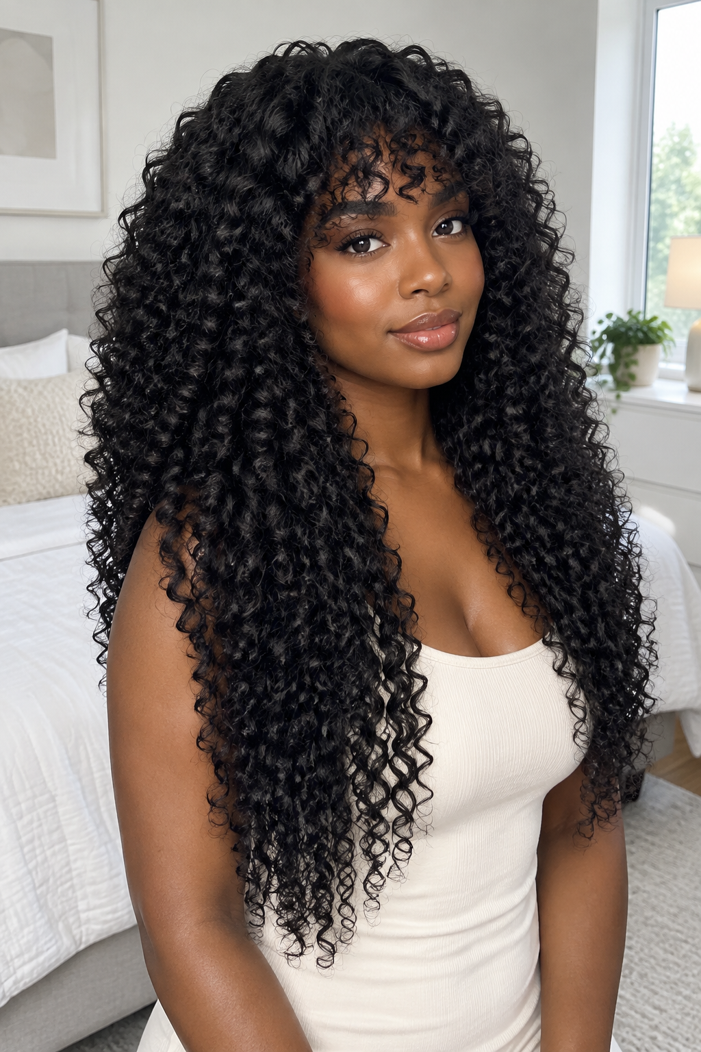 A woman with long, voluminous, black curly hair (likely a wig or hair extension) wearing a white top, posing in a brightly lit bedroom setting.