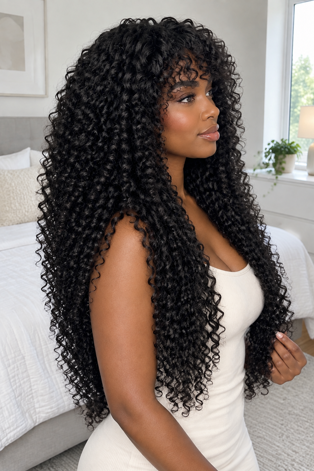 A woman with long, voluminous, black curly hair (keratin or deep wave) wearing a white sleeveless top, posing in a bright bedroom setting.