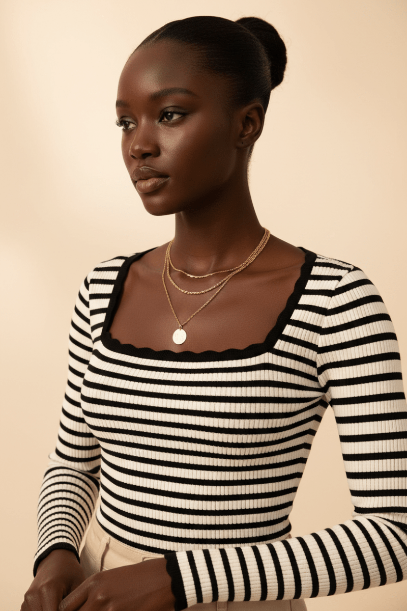 Scalloped Neckline Striped Ribbed Knit Top | The PM Edit - The PM Edit