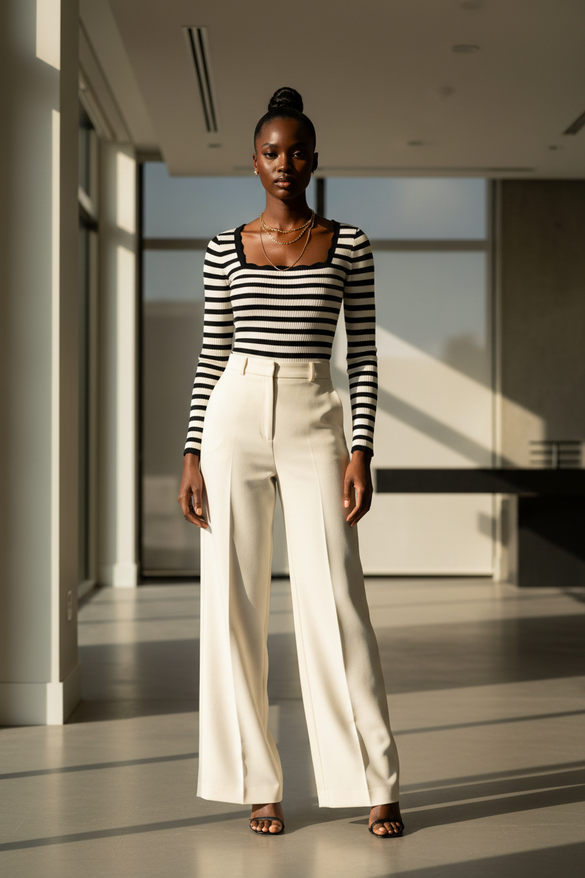 Long Sleeve - Full body, cream wide-leg trousers