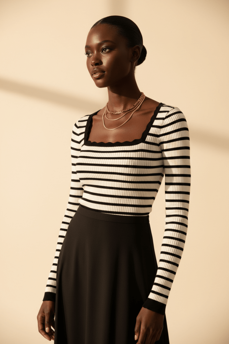 Scalloped Neckline Striped Ribbed Knit Top | The PM Edit - The PM Edit