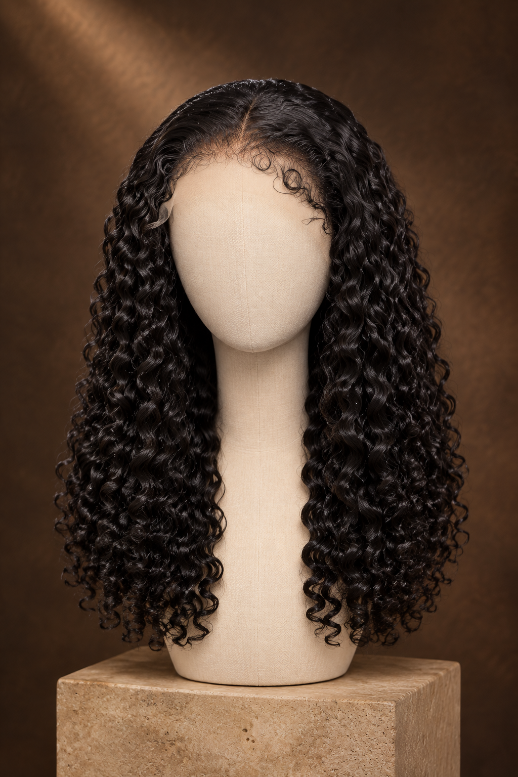 A long, black, curly wig displayed on a beige mannequin head and neck stand against a warm brown studio background.