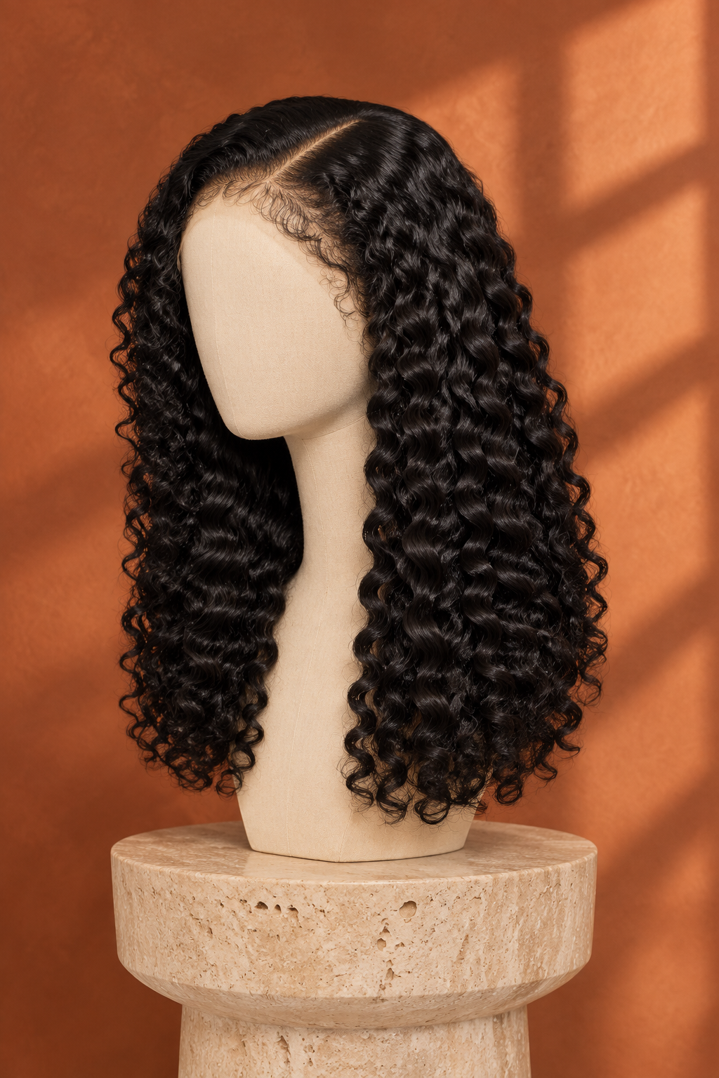 A long, black, curly wig displayed on a cream-colored mannequin head mounted on a stone pedestal, set against a warm terracotta background with soft window shadow overlays.