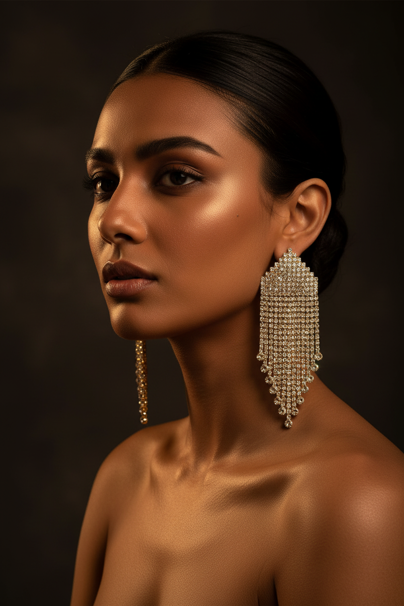 Luxury Tassel Earrings — Gold Close-Up Portrait