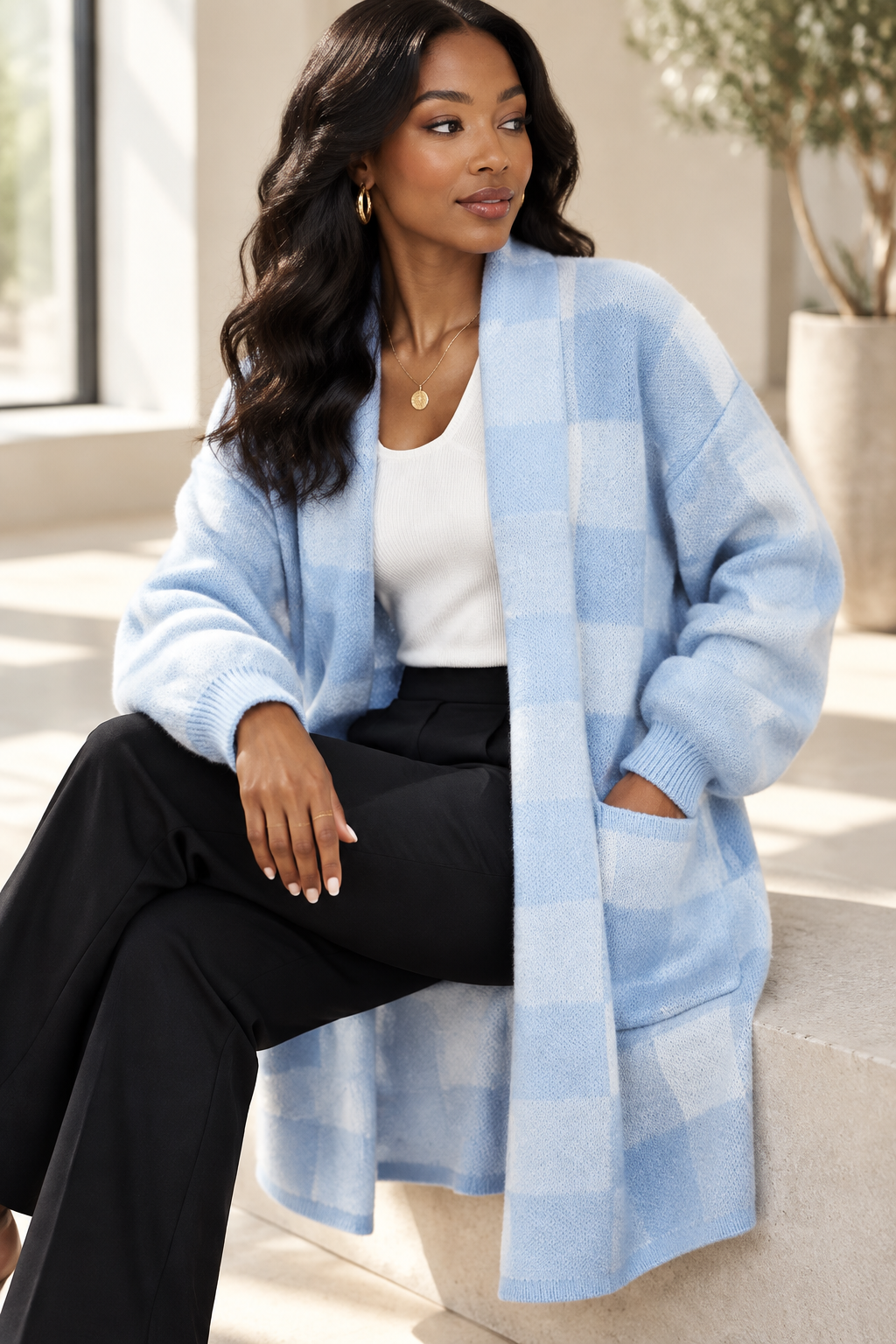 Misty Blue cardigan, seated look