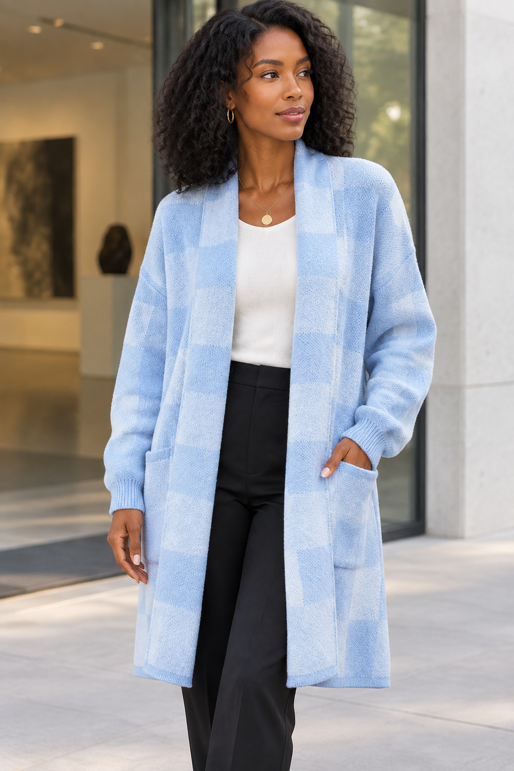 Misty Blue cardigan, standing detail