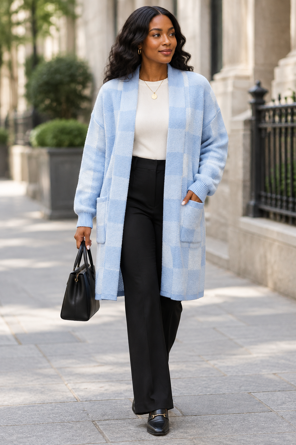 Misty Blue cardigan, walking look