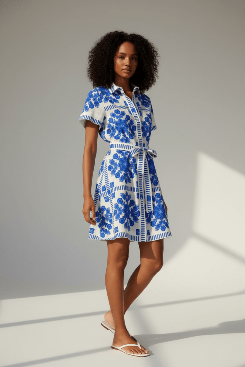 Printed Tie-Waist Short-Sleeve Dress - The PM Edit