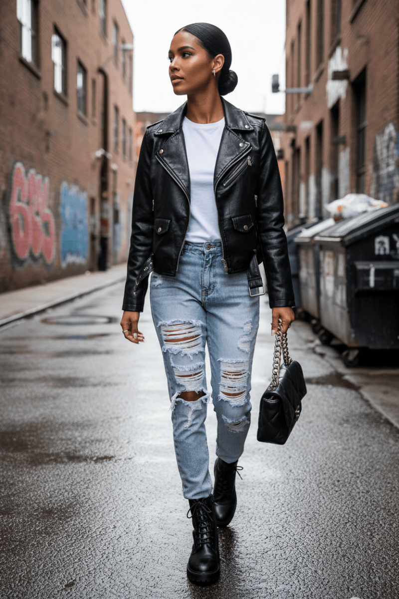 Belted Zip-Up Faux Leather Moto Jacket - The PM Edit